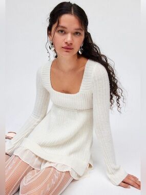 Kimchi Blue Gray Ribbed Peplum Sweater Top Ruffle Hem NWT